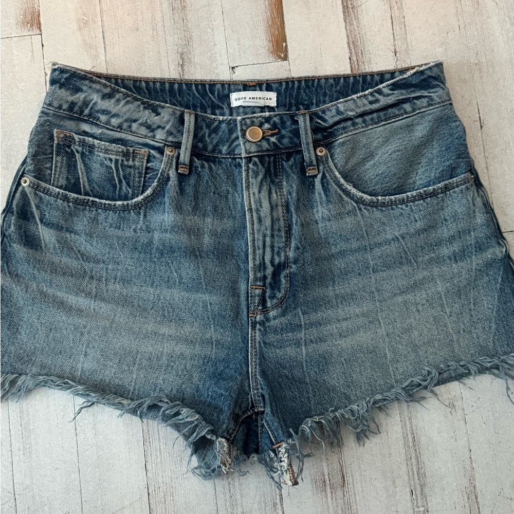 Good American Blue Jean Shorts High-Waisted Distressed